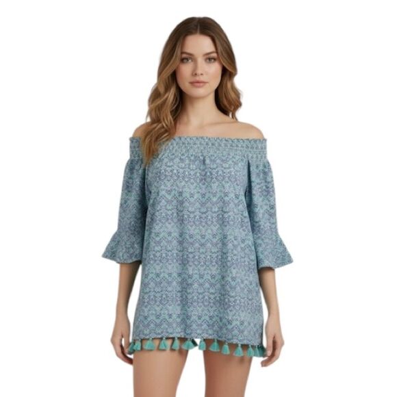 Cabana Life Blue and Green Off-shoulder Top with Tassel Hem - Picture 1 of 10